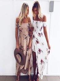 Boho style long dress women shoulder beach summer dresses Floral print Vintage chiffon white maxi vestidos de festa8094529