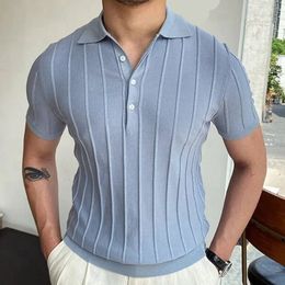 Mens Short-Sleeved Polo Shirt with Lapel Collar Business Casual Style Pure Colour Sweater Fashionable Design Plus Size 240517