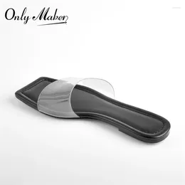 Casual Shoes Onlymaker Summer Women's Slip-On Flats Sandals Square Toe Matte Black PVC Band Slippers Comfortable Large Size