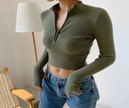 QNPQYX New Elegant High Neck Zipper Front Knitted Sweater Women Solid Basic Cropped Pullover Winter Spring Fashion Clothing Tops6634906