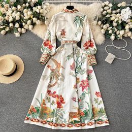 Casual Dresses Runway Fashion Shirt Maxi Dress For Women 2024 Spring Elegant Lapel Collar Long Sleeve Floral Print Belt Boho Holiday Robe