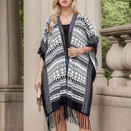 Scarves Cloak Poncho Capes 2024 Nepalese Style Geometric Tassel Split Women Shawl Warm Air Conditioning Room Lady White