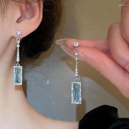 Dangle Earrings Cold Wind Blue Imitation Zirconia Geometric Square Female Super Flash Tassel Niche High-level Sense Of Design