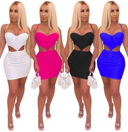 Sexy Club Dress Wrap Bodycon Party Dress Mini Pleated Vestidos Solid Womens Cut Out Hollow Waist Onepiece White Black Rose Red6799806