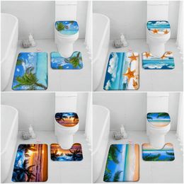 Bath Mats Beach Seascape Mat Set Coconut Trees Blue Sky Sunrise Starfish Shell Non-slip Rug Summer Vacation Toilet Lid Cover