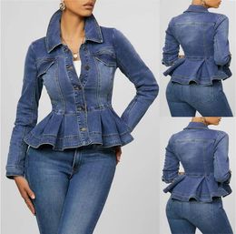 Women Denim Jacket Ruffle Hem Slim Fit Women Short Jeans Jackets Coat Vintage Turn Down Collar Denim Coat Outerwear Femme D30 20115642994