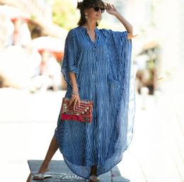 Casual Bikini Coverups Blue Tunic Sexy Striped Front Open Summer Beach Dress Elegant Women Beach Wear Swim Suit Cover Up Q1097 Y29565837