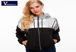 Vangll Two Tone Metallic Hoodie Jacket New Colour Block Drawstring Women Clothing Tops Zipper Coat Patchwork Silver Jackets 2011125714688