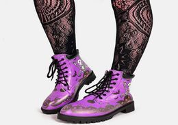 Boots RIBETRINI Big Size 43 Arrivals Female Cool Gothic Low Heel Shoes Round Toe Purple Skull Punk Women Street Chunky7016917
