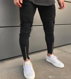 Mens Ripped Pleated Leg Zipper Jeans Fashion High Street Biker Denim Pencil Pants Male Hip Hop Fashion Slim Distressed Long Jeans 7317482