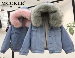 MCCKLE Women Winter Thick Jean Jacket Faux Fur Collar Fleece Hooded Denim Coat Female Lamb Fur Padded Warm Denim Jacket Outwear1496468