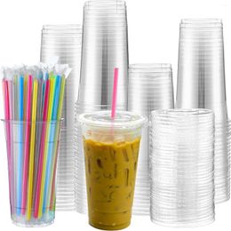 Disposable Cups Straws Set Of 100 32 Oz Clear Plastic With Flat Lids And PET Colorful