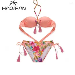 Women's Swimwear HAOFAN 2024 Lace Bikini Flower Printing Female Swimsuit Push Up Beach Straps Brazilain Biquni Bathing Suit