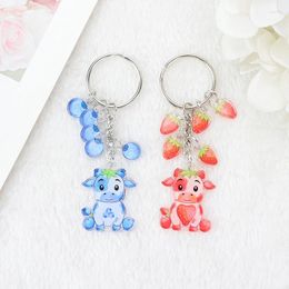 Keychains 1Pc Cute Cattle Keychain Creative Acrylic Blueberry And Strawberry Keyring Girl Woman Crafts Handbag Jewellery Charms