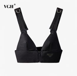 VGH Black Sexy Vests For Women V Neck Sleeveless Patchwork Zipper Short Slim Tank Tops Female Fashion Summer Clothing Style 2104211389179
