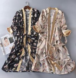 Women039s Sleepwear Spring Couple Bathrobe Three Quarter Silk Robe Home Clothing Satin Print Kimono Robes Men Women Long Sleep 4370718