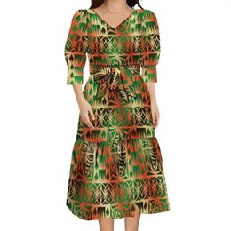 Party Dresses Woman Bubble Sleeve Dress Polynesian Top V Neck Samoa Muu Pattern Modern Art