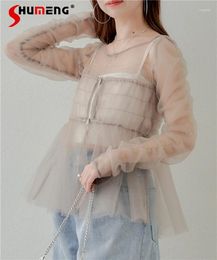 Women's Blouses Japanese Style See-through Chiffon Shirt For Women Spring 2024 Elegant Long Sleeve With White Sling Top 2 Pieces Set
