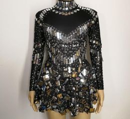 Black Sequins Mirrors s Short Dress Sexy Female Costumes Bright Crystals Diamond Singer Nightclub Bar Show DJ Team Dance Dress Women Performance Stage Wear9369061