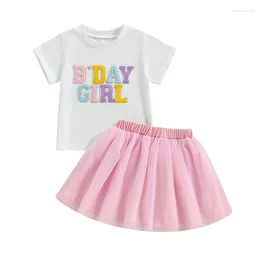 Clothing Sets Little Girls Summer Outfits Letter Embroidery Short Sleeve Round Neck Tops With Tulle Mini A-Line Skirt 2 Pcs Set
