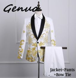 Men039s Suits Blazers Gold Embroidery Dress Suit Men Slim Fit Shawl Lapel Mens White With Pants Stage Prom Wedding Grooms Sin6819658