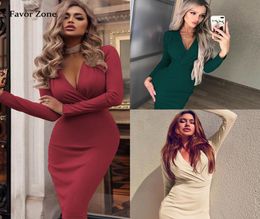 Women Dress Autumn Winter Casual Solid Colour Long Sleeve Elegant Office Lady Dress Sexy Deep V Neck Bodycon Pencil Party Dresses Y2375183