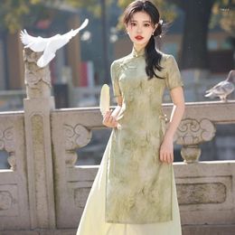 Ethnic Clothing Chinese Qipao 2024 Girl Summer Dress Green Retro Style Improved Youth Cheongsam