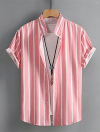 Men's Casual Shirts Shirt Button Up Summer Beach Short Sleeve Striped Band Collar Hawaiian Clothing Fashion