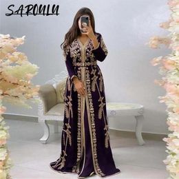 Party Dresses Morrocan Long Sleeve Prom Dress A-line V Neck Kaftan Muslim Formal Occasion For Women Wedding Gown Arabic Robe