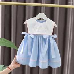 Girl Dresses 2024 Summer Sweet Princess Skirt 2-6 Years Baby Dress Sleeveless Patchwork Letter Embroidered Lace Bow Children's