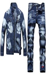 2022 Tracksuits Spring Autumn Men039s Sets Large Size M5XL Two Piece Jeans Sets Blue Loose Print Denim Jacket and Stretch Pant4036094