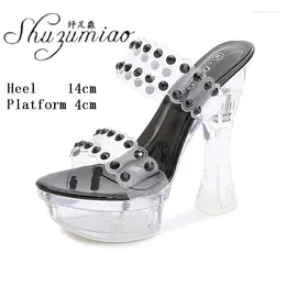 Slippers Model Catwalk T Stage Sexy Transparent Crystal One Word Slides Thick Heel 14 CM Ultra High Platform Women's Shoes