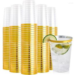 Disposable Cups Straws 200 Pack 12 Oz Gold Rimmed Clear Plastic Tumblers Heavy-duty & Fancy Hard Ounce