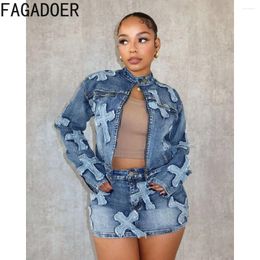 Work Dresses FAGADOER Fashion Denim Streetwear Women Long Sleeve Embroidery Coats And Mini Skirts Two Piece Sets Female Matching 2pcs