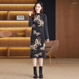 Casual Dresses Women Loose Knit Dress 2024 Autumn Warm Velvet Half High Collar Butterfly Print Female Oversize Slim Sweater