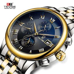 Other Watches TEVISE Mens Watch Automatic Mechanical Watch Lunar Phase Waterproof Luminous Date Automatic Watch Boys Watch 2024 New J240516