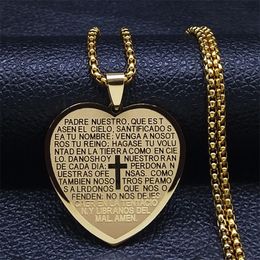 Catholic Holy Bible Verse Projection Cross Heart Necklace 14K Gold Spanish Religious Chain Jewelry colar feminino