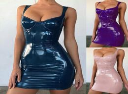 Sexy Shine Wrapped Chest Hip Sling Waist Pleated Dress Streetwear Party Faux Leather Women Bandage Backless Casual Dresses8042247