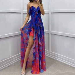 Basic Casual Dresses Elegant womens shoulder waist chiffon dress sexy and full patchwork pleated long skirt fashionable pattern printed holiday party d J240516