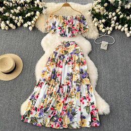Work Dresses Summer Skirt Sets Fashion Floral 2 Piece Suit Women Clothing Slash Neck Crop Tops High Waist Big Swing Skirts Outfits Korean