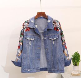 Spring Autumn Woman Jeans Jacket Coat New Heavy Stereo Embroidered sequins Flower Denim Jackets Student Basic Coats3248337