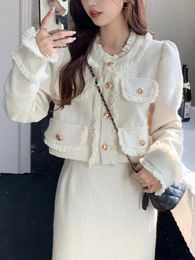 Spring Casual Tow Piece Sets Women White Short Tweed Jacket Fashion Korean Long Skirt Female Elegant Chic Slim Sweet Suit 240516