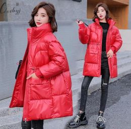 Women039s Down Parkas Glossy Stand Collar Women Puffer Jacket Cotton Padded Coat Drawing Loose Korean Style Elegant Streetwea9431296