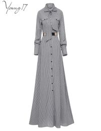 Spring Evening Party Women Black Striped Maxi Shirt Dress Office Lady Work Bowknot Tie Loose Pocket Extra Long Dresses C190415018492940