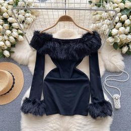 Casual Dresses Sexy One Shoulder Fall Dress Women's Autumn And Winter Feather Tight Short Girl's Black Slim Fit Mini