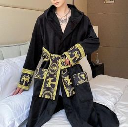 Men039s Robes xury Winter Black Gold Paisley Velvet Long Nightgown Hooded Warm Bath Sleepwear Clothing 2210253702348