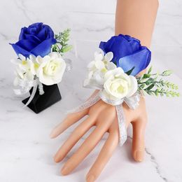 Decorative Flowers White Roses Blue Ribbon Wrist Corsage Wedding Boutonnieres Tulip Bracelet Groom Man Suit Buttonhole Brooch Pins Marriage