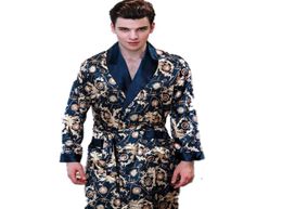 New Summer Satin Robes Male Dressing Gown Men039s Long Sleeve Silk Print Paern Bathrobe Leisure Kimono Home Men2021454