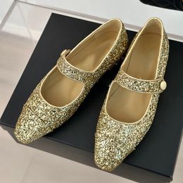High Quality Sparkle Heels Classic Mary Jane Dress Shoes Womens Designer Glitter Silk Luxury Ballet Flats Square Toes Adjust Ankle Girl Glod Shoes Wedding For Gift