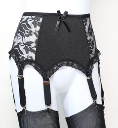 6 Strap Luxury Suspender Belt Black Garter Belt Lace Panel garter belt Plus size set 1 pair stockings for SIZE sxxl8156166